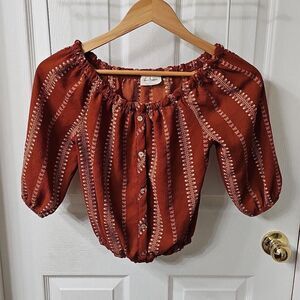Free Kisses Rust Boho Floral Striped Off-the-Shoulder 3/4 Puff Sleeve Size S